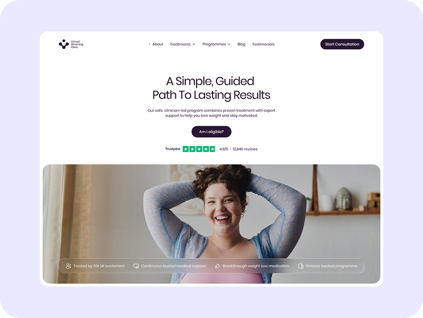 Website homepage of a weight loss clinic. Features a smiling person with curly hair, arms raised behind their head. Text promotes personalized, clinician-led weight loss programs.
