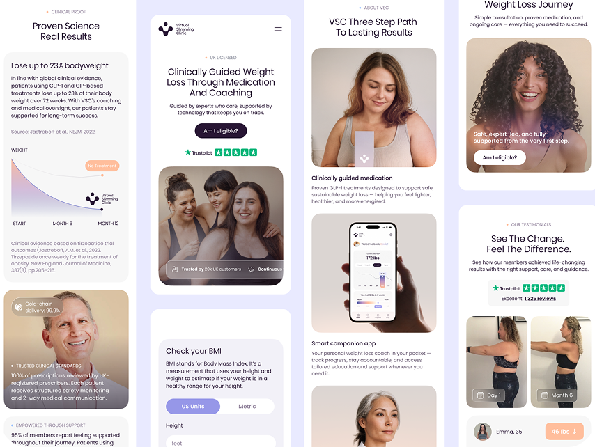A collage of images from a weight loss program's website highlighting key features. Left panel shows a graph illustrating weight loss results and a man smiling. The center panel depicts three women smiling, BMI checking options, and a phone app for trackin