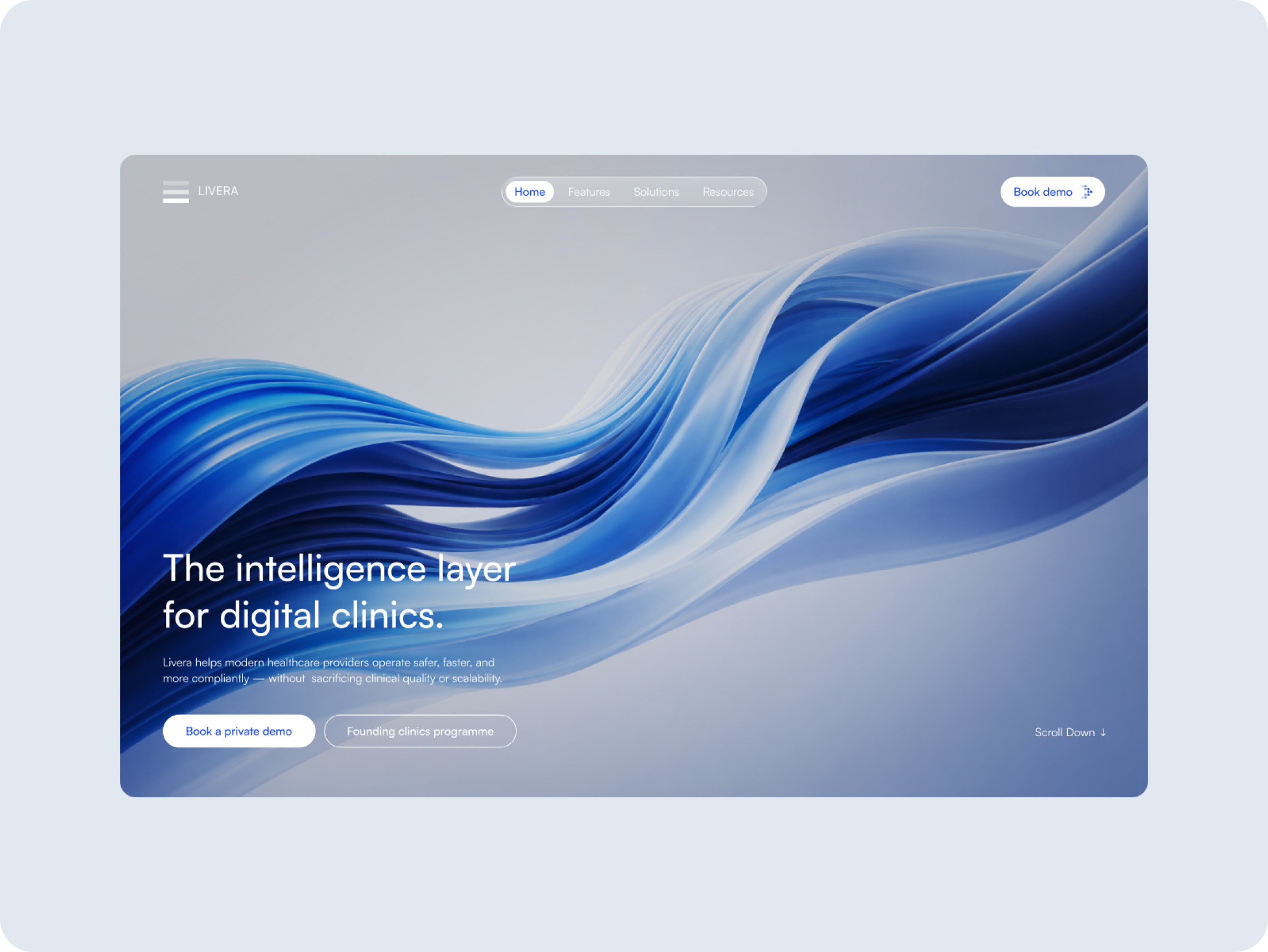 Homepage of a digital clinic platform. Abstract blue waves flow across a gray background with text: "The intelligence layer for digital clinics." Buttons for booking demos and programs are below.