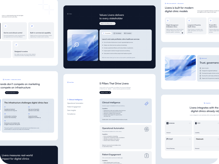 Collage of Livera's digital clinic interface mockups. Features key concepts like clinical control, governance, infrastructure, and integration tools. Clean, modern design.