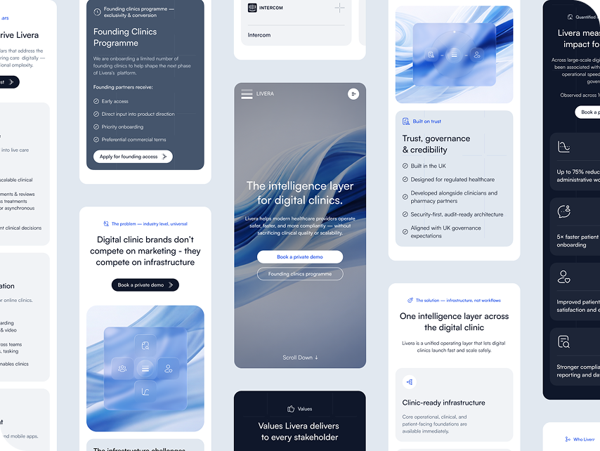 A multi-tile graphic showcasing a digital clinic platform with a sleek, modern design. Key themes include trust, infrastructure, and innovation. The colors are soft blues and whites, conveying a calm, professional tone. Central text highlights "intelligenc