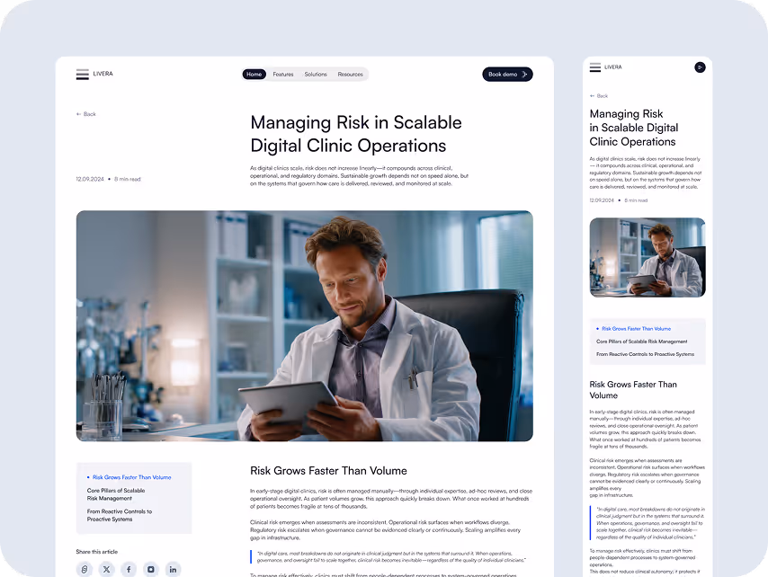 A webpage layout preview showcasing an article titled "Managing Risk in Scalable Digital Clinic Operations." The main image features a doctor in a white coat, sitting at a desk, reading a tablet. The background includes a tidy office setting with shelves a