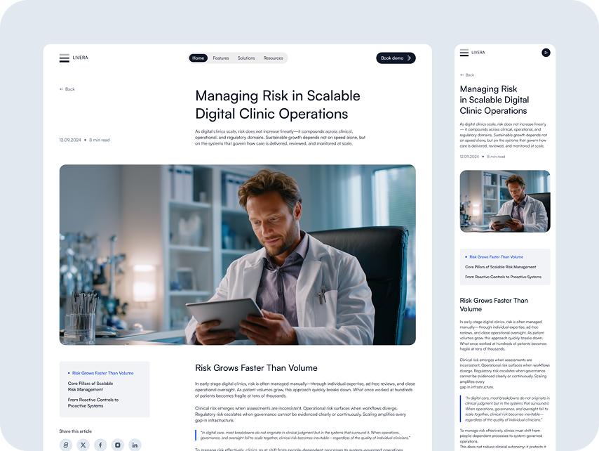 A webpage layout preview showcasing an article titled "Managing Risk in Scalable Digital Clinic Operations." The main image features a doctor in a white coat, sitting at a desk, reading a tablet. The background includes a tidy office setting with shelves a