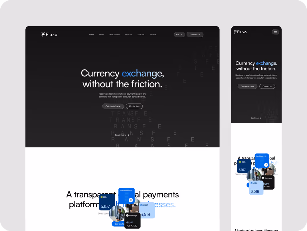 Mockup of a currency exchange website featuring a black background with white and blue text reading, "Currency exchange, without the friction." It emphasizes fast, secure global payments. Buttons for "Get started" and "Contact" are visible.