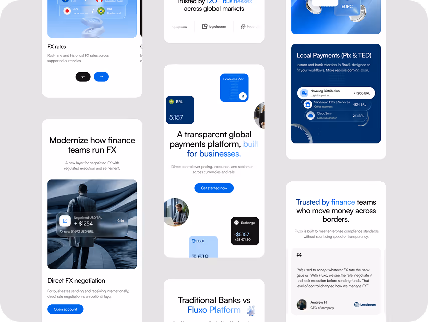 A collage of app screens displaying a modern financial platform for FX rates and global payments. Features include currency exchange and negotiation tools, emphasizing transparency and efficiency. The design is sleek, with blue accents and text highlightin