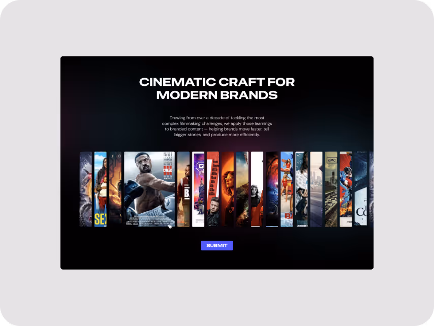 A webpage with a black background displays the text "Cinematic Craft for Modern Brands" in bold white letters. Below is a series of cinematic poster snippets, showcasing various movies. The tone is professional and creative, emphasizing storytelling and br