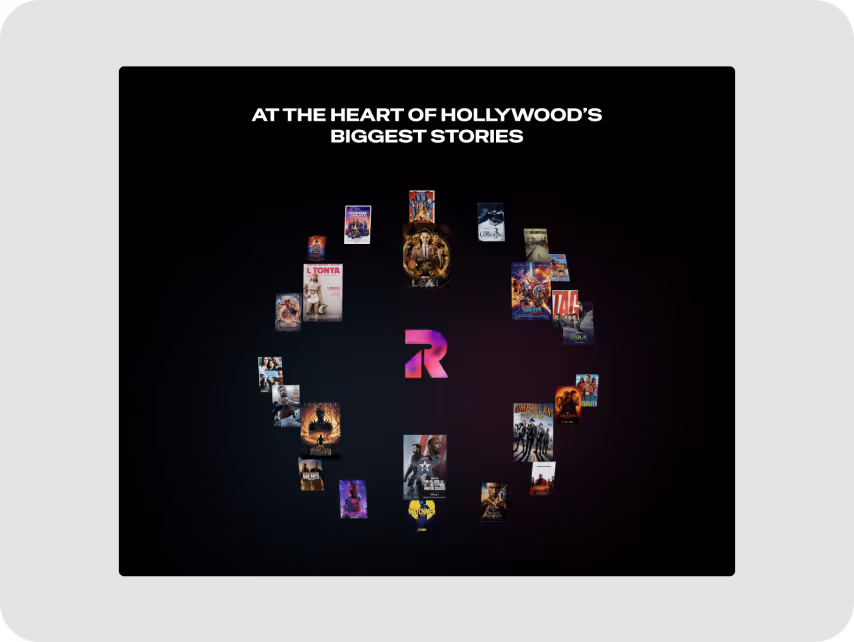 A circular collage of movie posters with a central pink "R" logo on a black background. Text at the top reads, "At the heart of Hollywood's biggest stories."