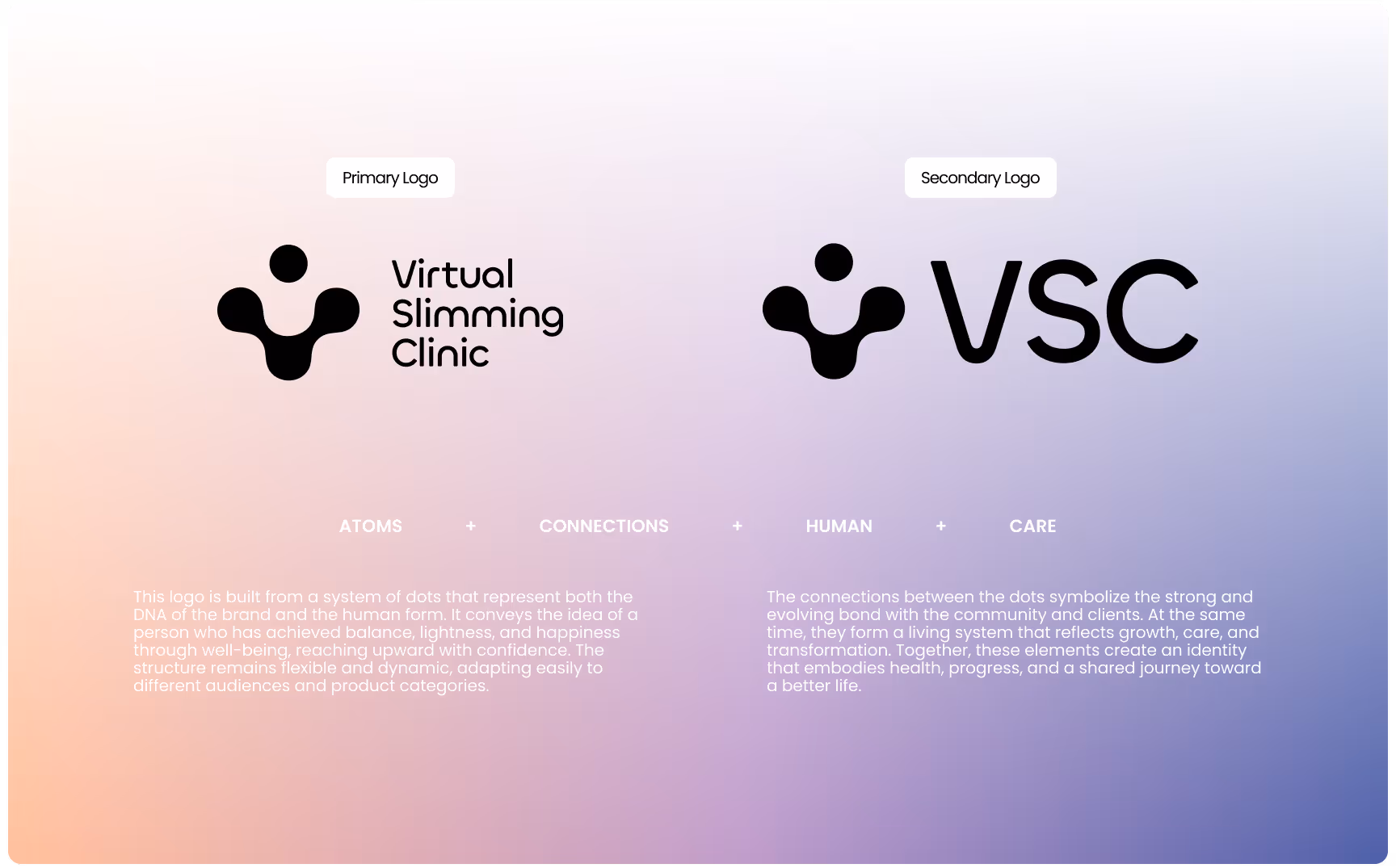 Two black logos on a gradient background. The primary logo reads 'Virtual Slimming Clinic' with a stylized figure above. The secondary logo features 'VSC' with a similar figure. Text below explains the symbolic elements: atoms, connections, human, and care