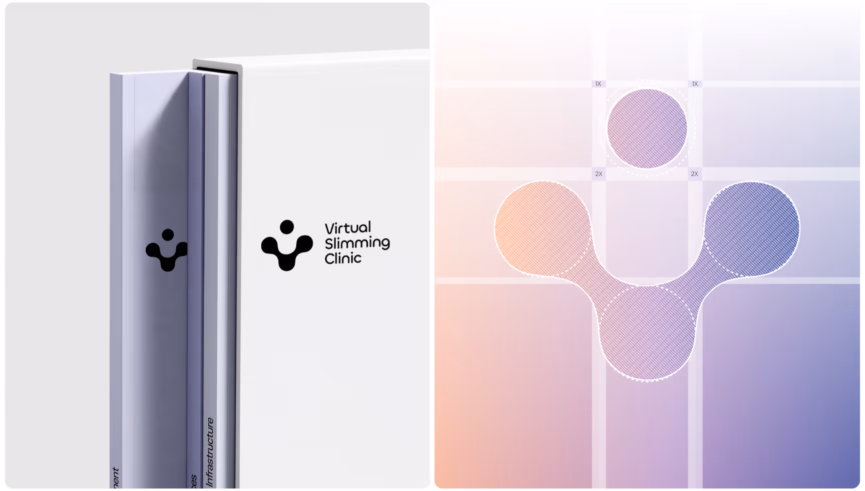 Split image; left shows a sleek binder with 'Virtual Slimming Clinic' logo. Right features a stylized design, circles on a gradient grid background.