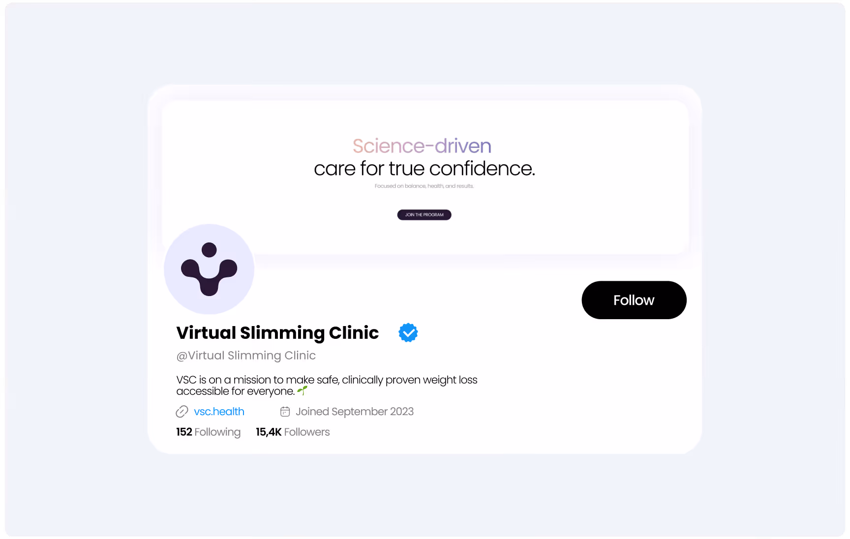Virtual Slimming Clinic profile showing the logo, a stylized person icon, with text promoting 'Science-driven care for true confidence.' Includes a verified badge, mission statement, and follow button. Calm, professional tone.