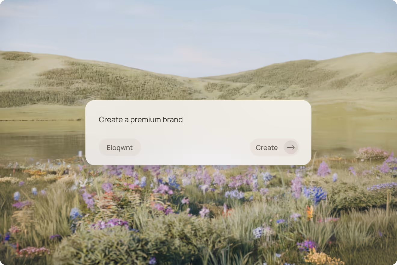 A serene landscape with hills and wildflowers surrounds a digital text box that reads, "Create a premium brand." The tone is peaceful and inspirational.