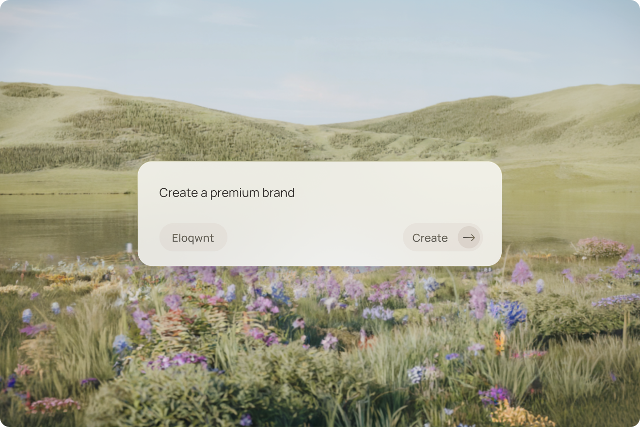 A serene landscape with hills and wildflowers surrounds a digital text box that reads, "Create a premium brand." The tone is peaceful and inspirational.