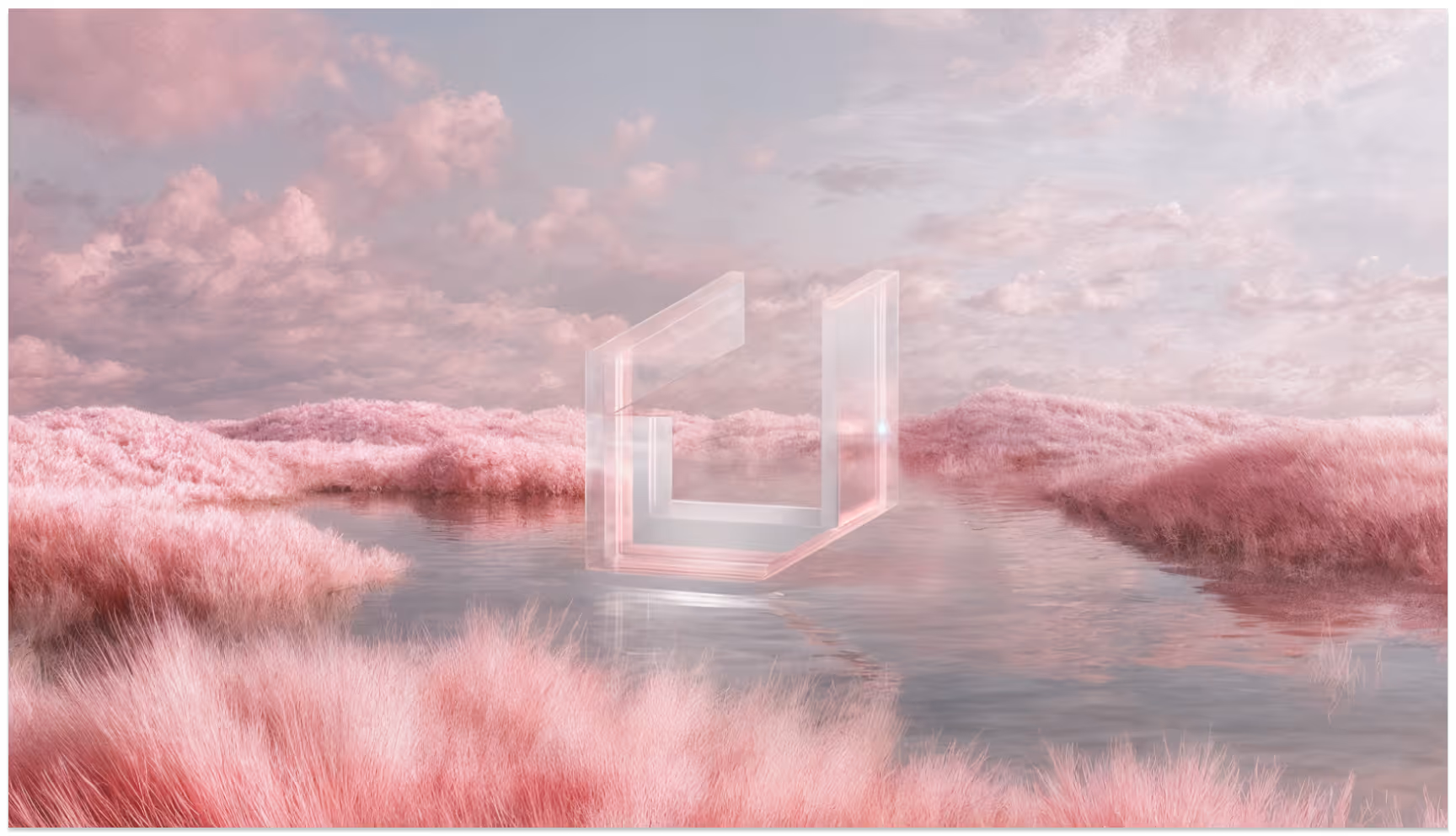 Surreal scene of pink grassy landscape with a reflective lake and transparent geometric shape at the center, under a soft, cloudy sky. Dreamlike ambiance.