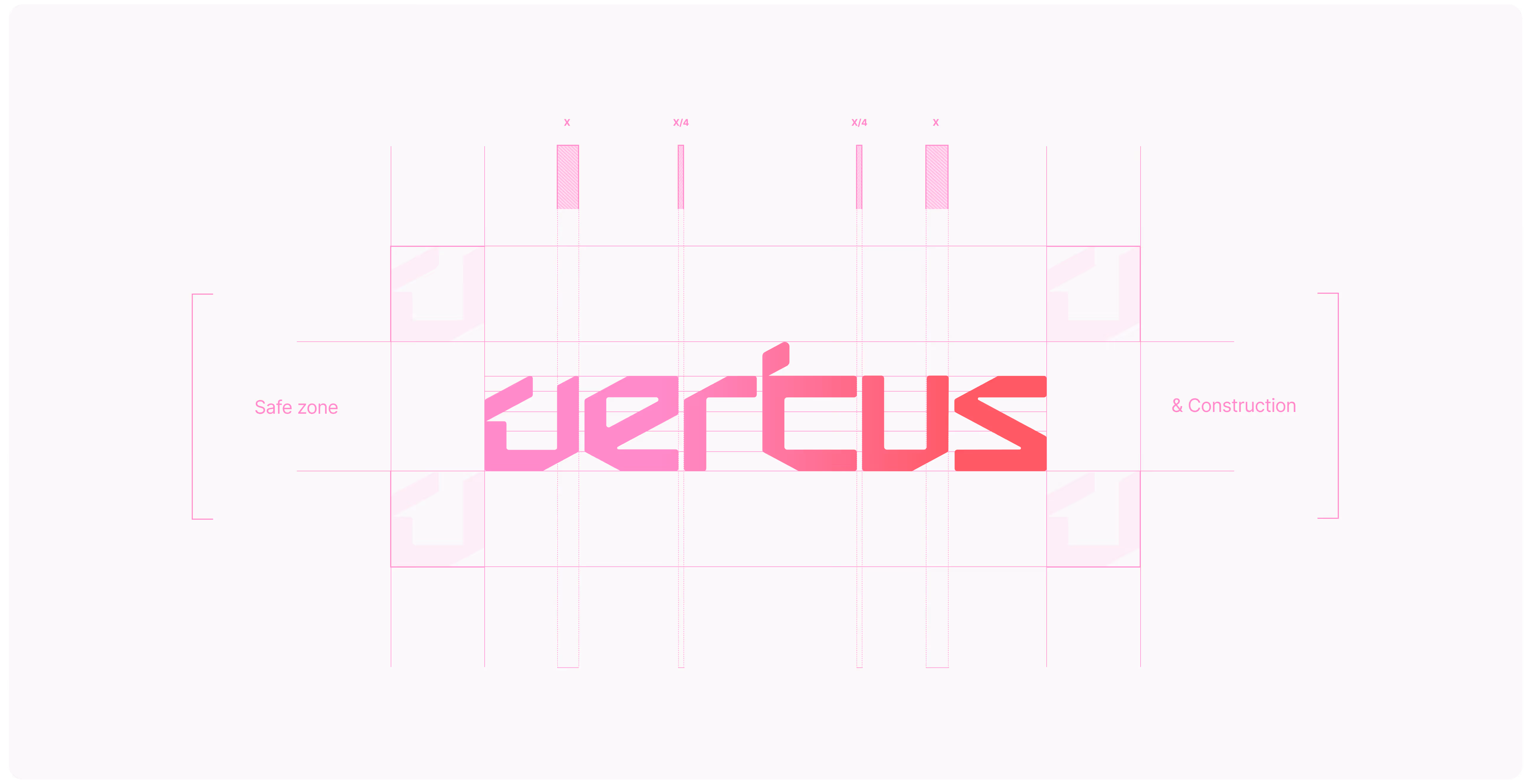 Geometric design featuring the word 'VERTUS' in bold pink font over a grid. Labels 'Safe zone' and 'Construction' are marked in light pink.