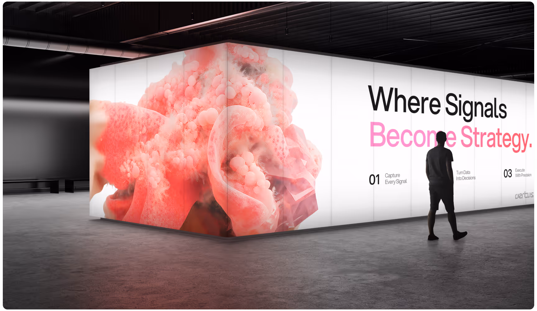 A person walks past a large illuminated display with abstract pink shapes on the left and the text "Where Signals Become Strategy" on the right.