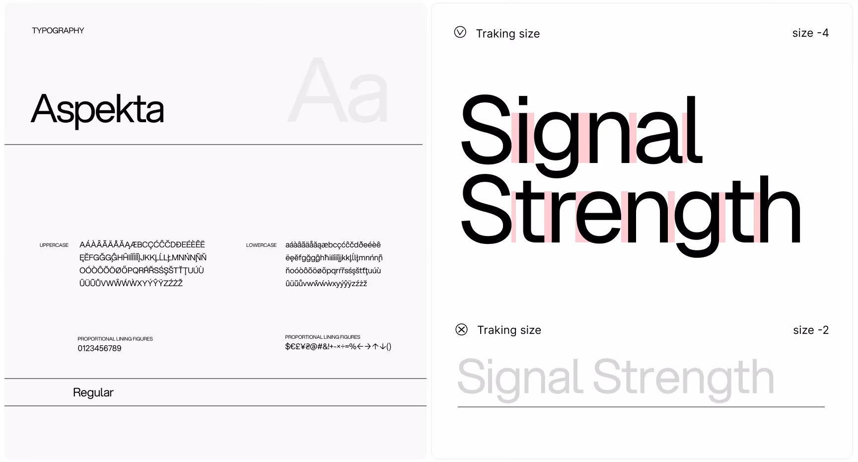 Two-panel image showing font designs. Left panel: 'Aspekta' typography with uppercase, lowercase, and figures. Right panel: 'Signal Strength' text in bold, with different tracking sizes, conveying a modern and precise tone.