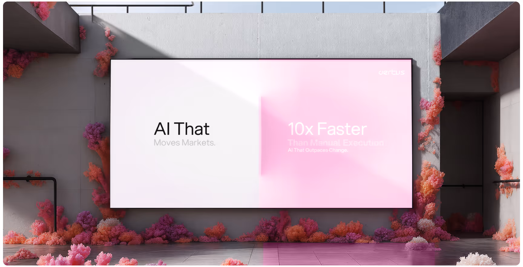A large modern billboard displays the text "AI That Moves Markets. 10x Faster Than Manual Execution" on a gradient background. Bright, pastel-colored flowers surround the scene, adding a vibrant, lively contrast.