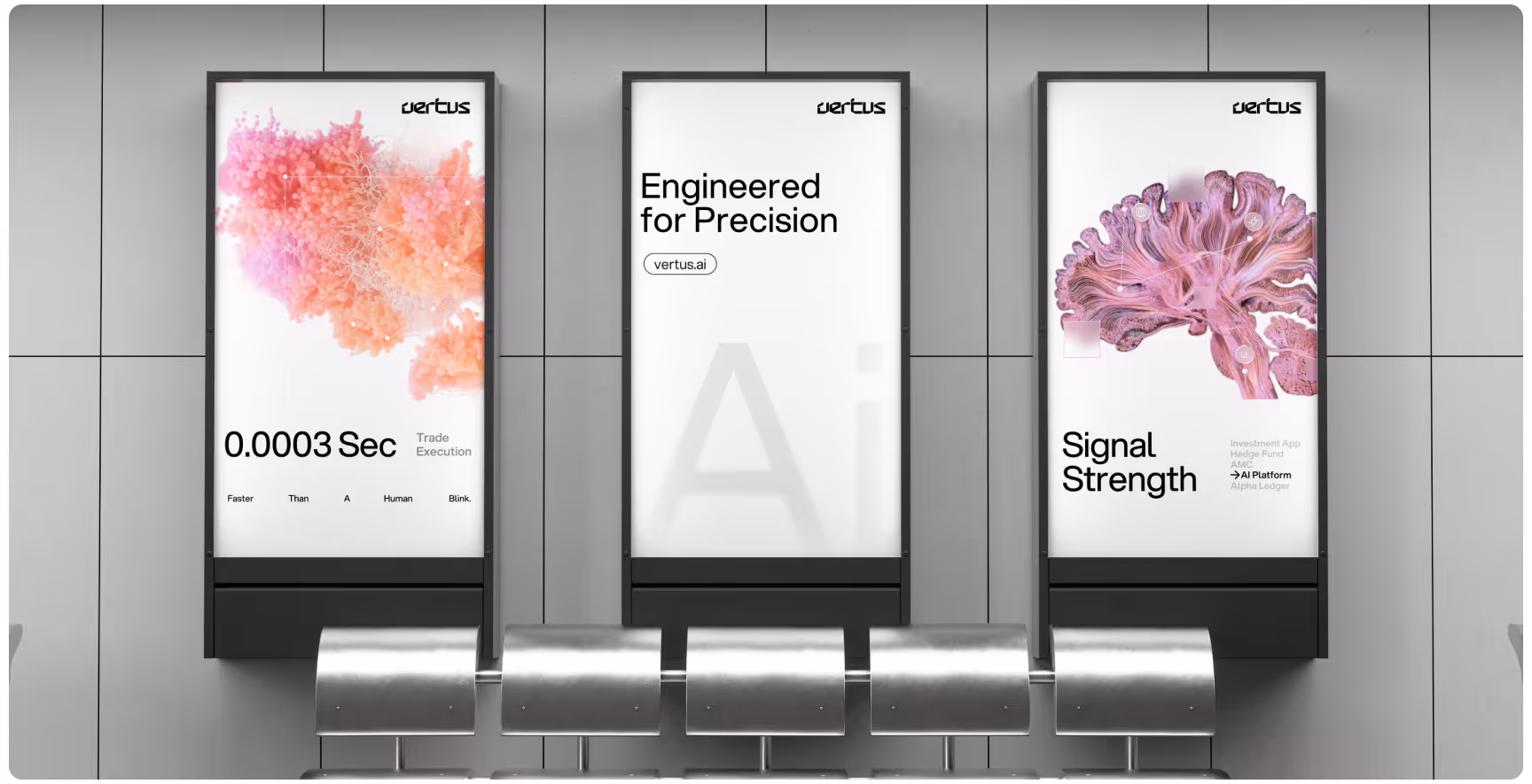 Three sleek, modern posters line a wall above metallic benches. Vibrant abstract art and text highlight trade execution, precision, and signal strength advancements.