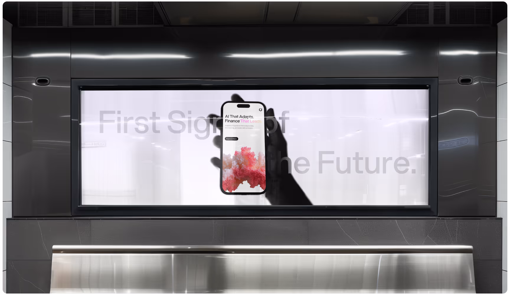 A large advertisement display shows a smartphone with a vibrant pink and red abstract image. The text "First Sign of the Future" is visible, with a sleek, modern design.