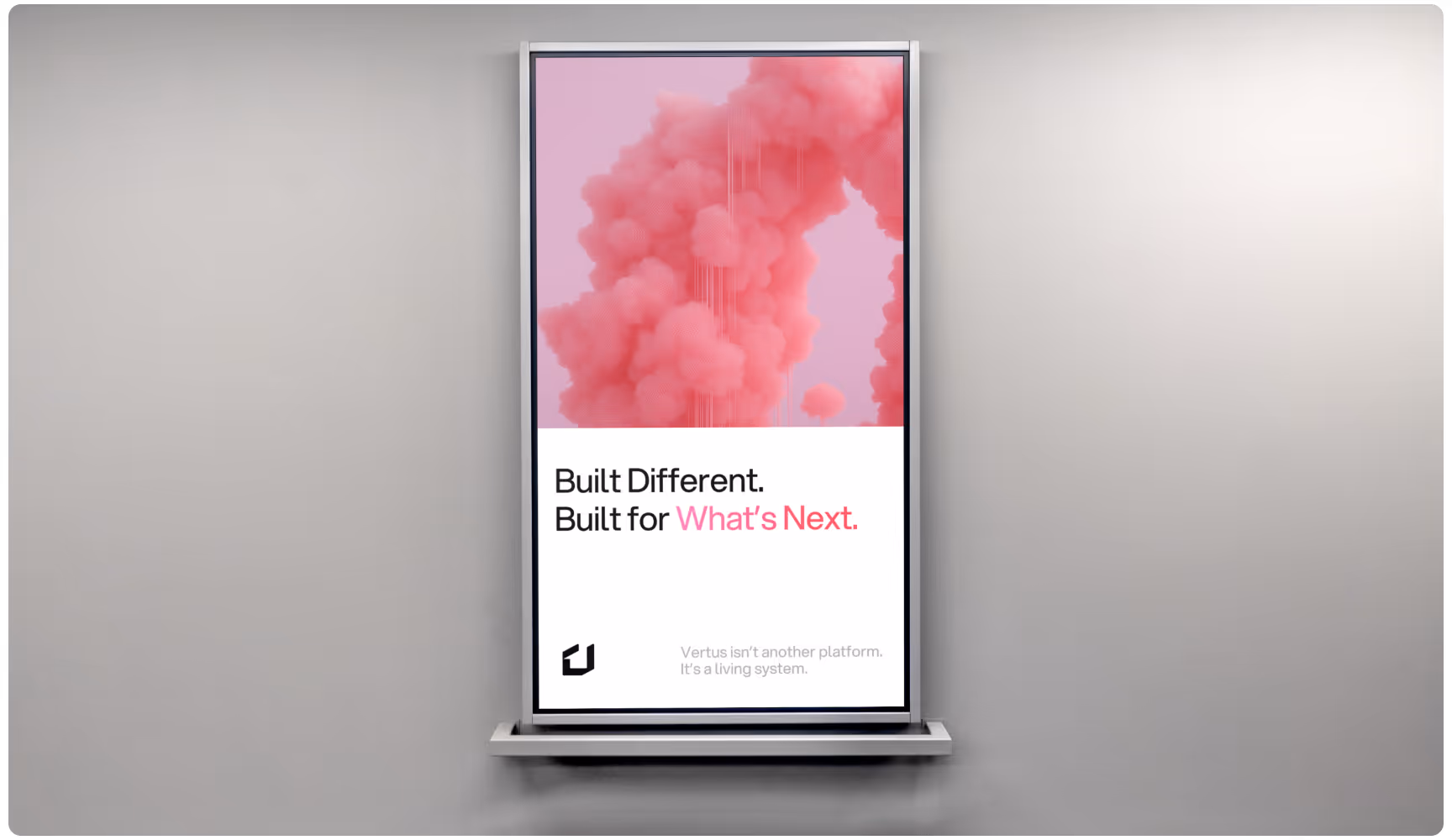 Advertisement poster with red smoke cloud on top. Text reads: "Built Different. Built for What's Next." Black logo at bottom, modern and futuristic tone.