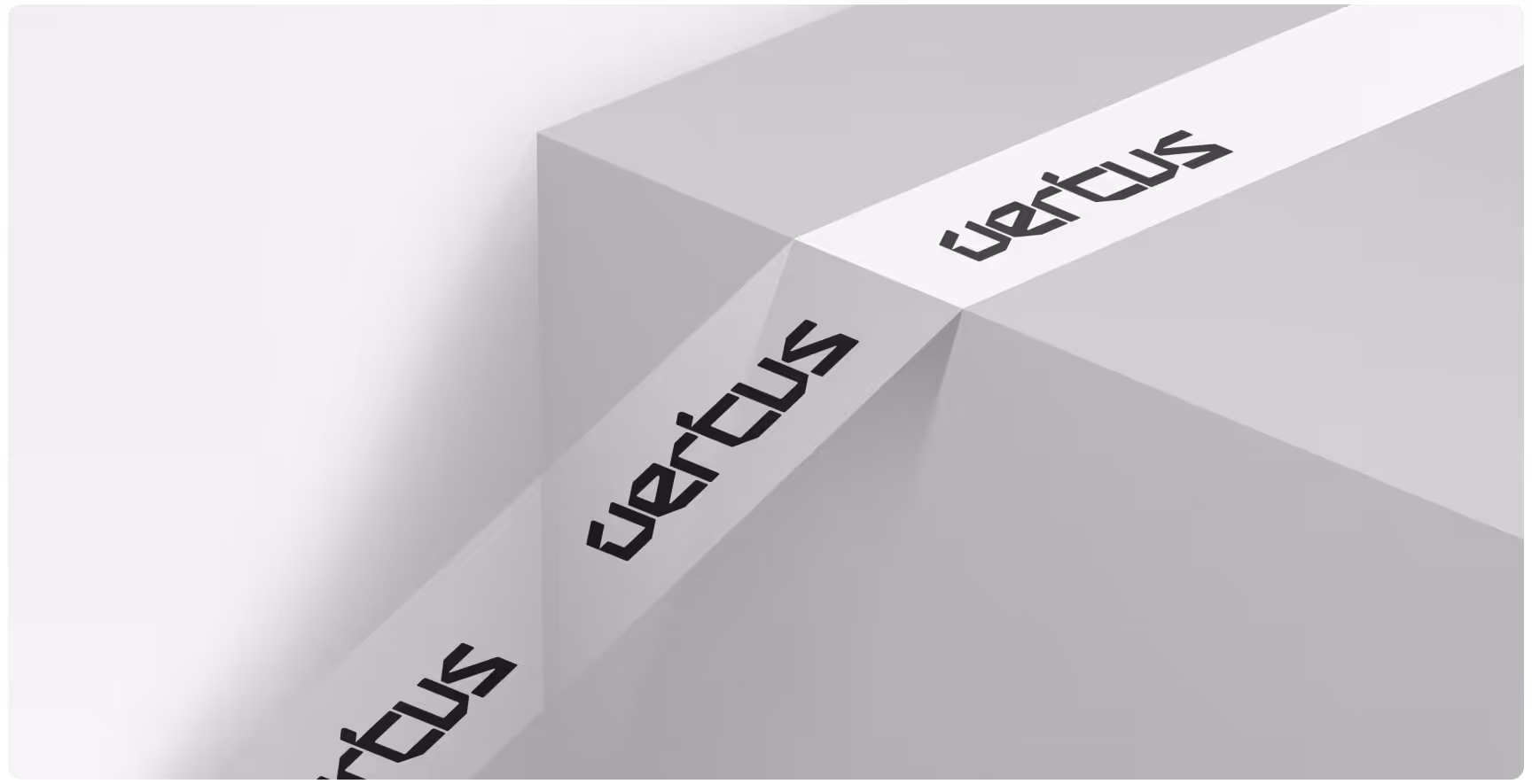 A white ribbon with the text "vertus" repeats diagonally across a minimalist, monochrome, angular background, creating a modern and sleek aesthetic.
