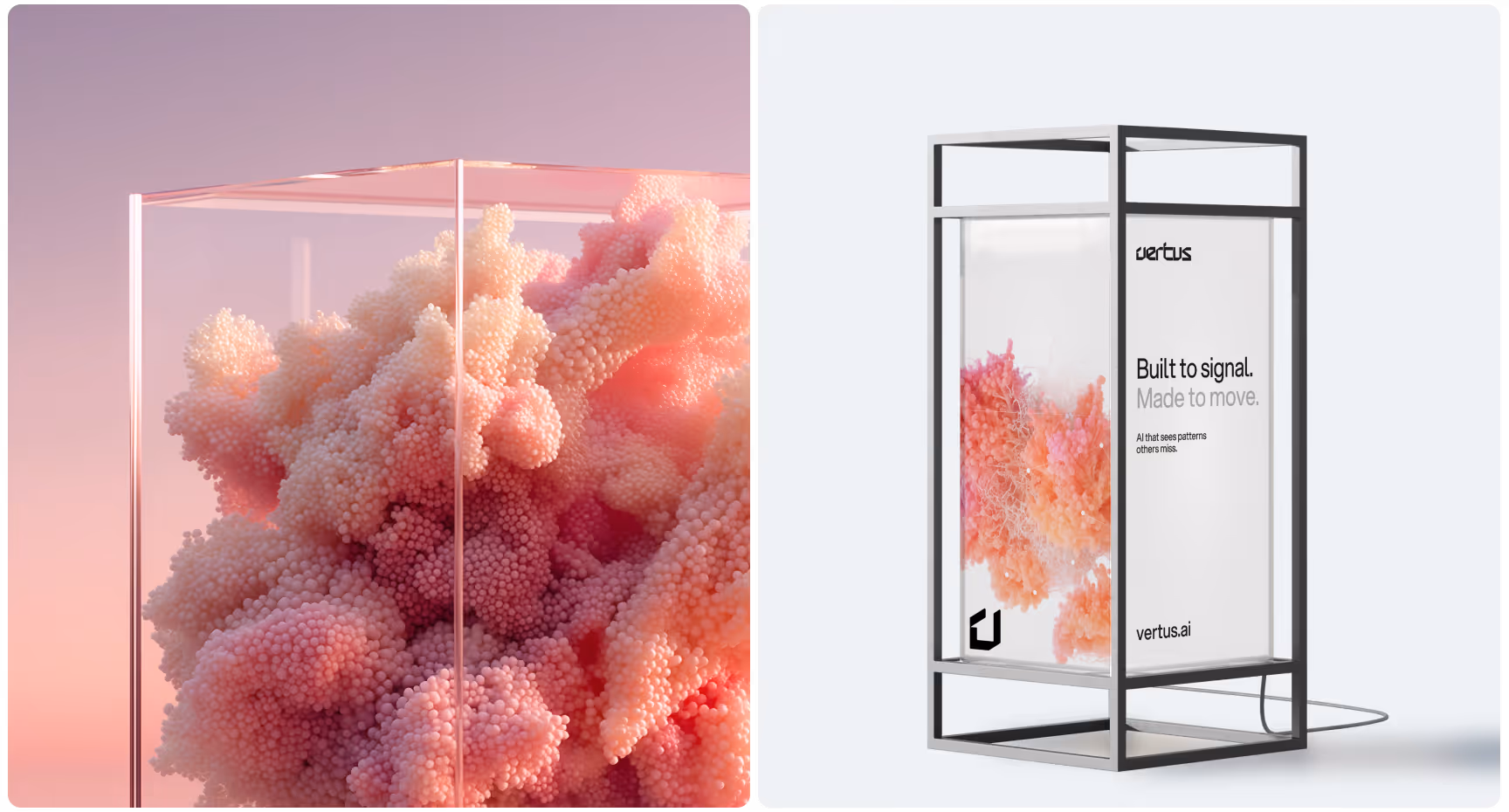 On the left, a cluster of pink and white textured spheres is encased in a transparent cube against a soft gradient background. On the right, a sleek glass and metal frame with a digital display shows similar spheres and text: "Built to signal. Made to move