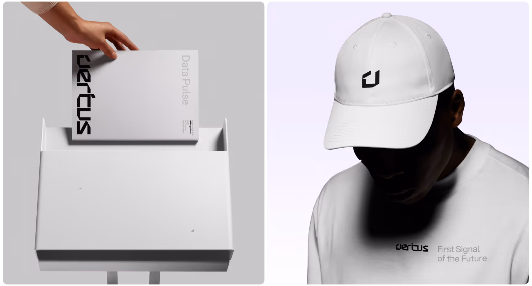 A hand inserts a sleek white Vertus "Data Pulse" box into a minimalist, futuristic slot. On the right, a person wears a white Vertus cap and shirt, text reads "First Signal of the Future."