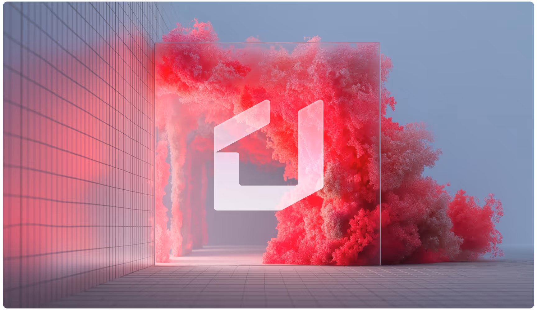 A glass panel with a white, stylized "U" logo is surrounded by a billowing pink cloud. The scene is set in a tiled corridor, creating a modern and surreal atmosphere.
