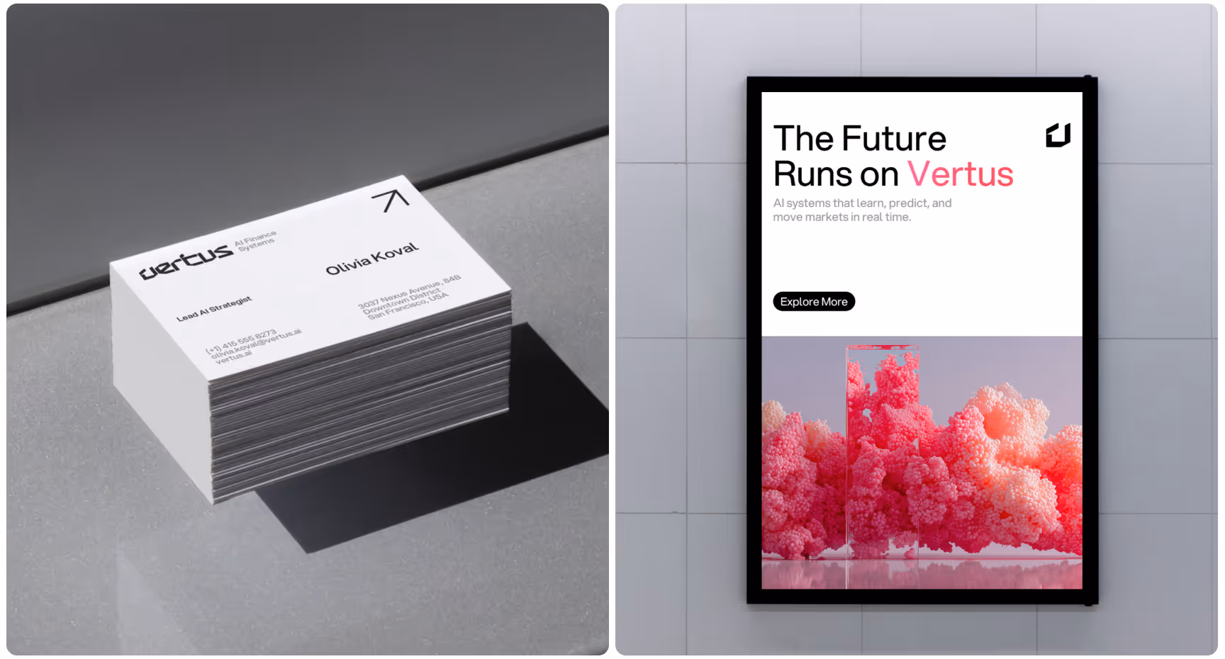 Stack of business cards for Vertus on a gray surface, paired with an AI-themed advertisement. Clean, modern design with a futuristic tone.