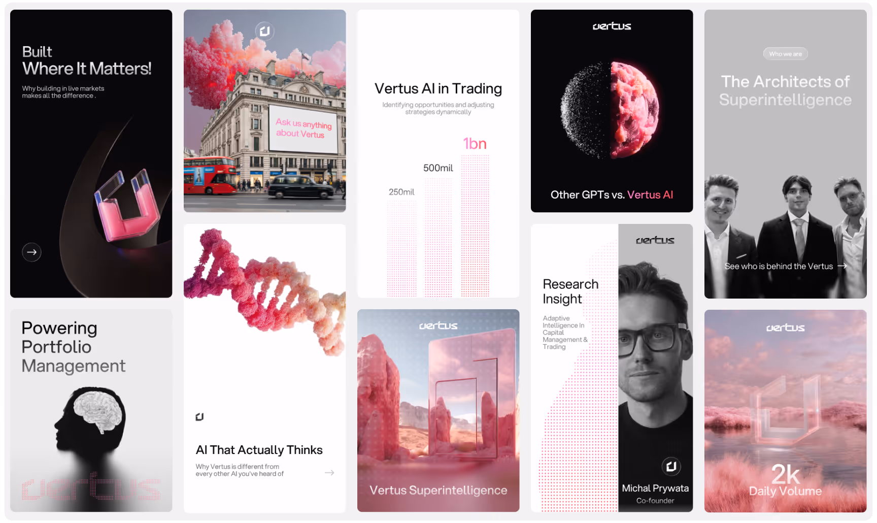 A collage of Vertus AI promotional graphics. Includes futuristic themes, charts, cityscape, and a team portrait. Emphasizes innovation and intelligence.