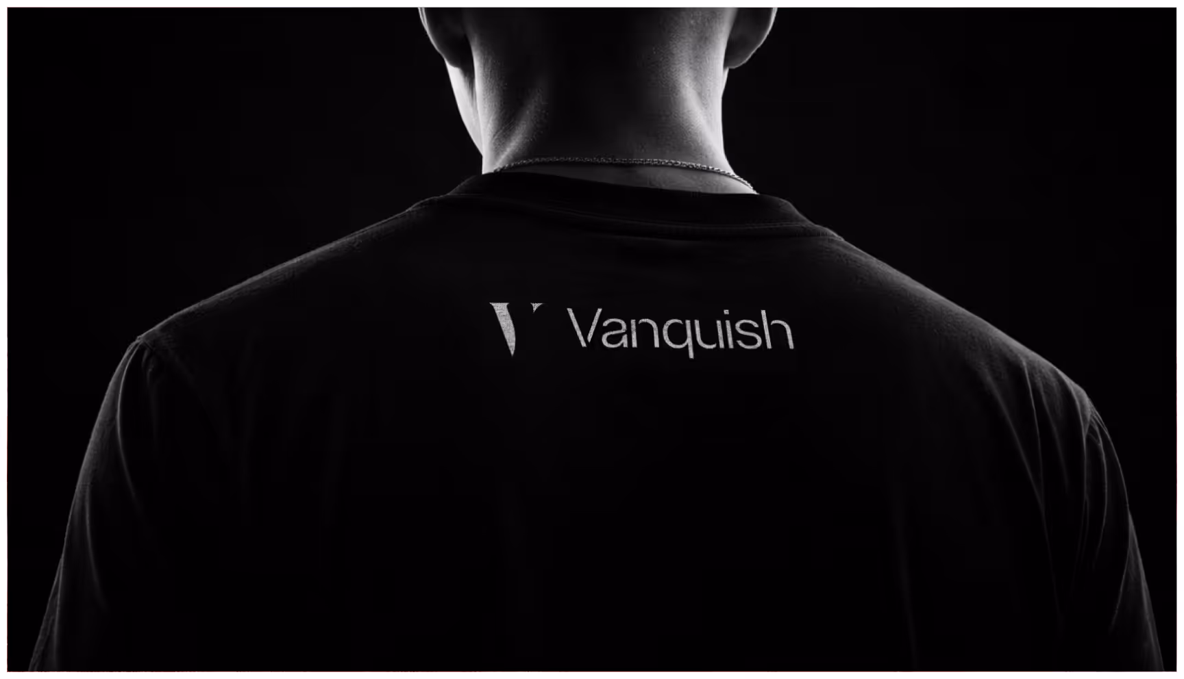 Back view of a person in a dark setting wearing a black T-shirt with the word "Vanquish" in white. The mood is mysterious and focused.