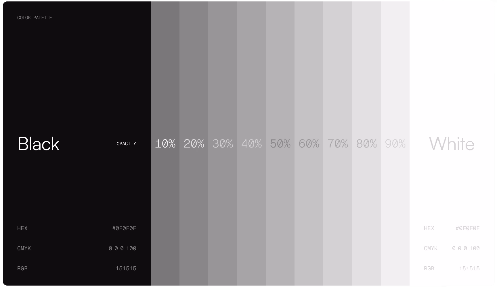 Gradient from black to white with 10% opacity increments labeled. Displays HEX, CMYK, and RGB values for black and white on either side.