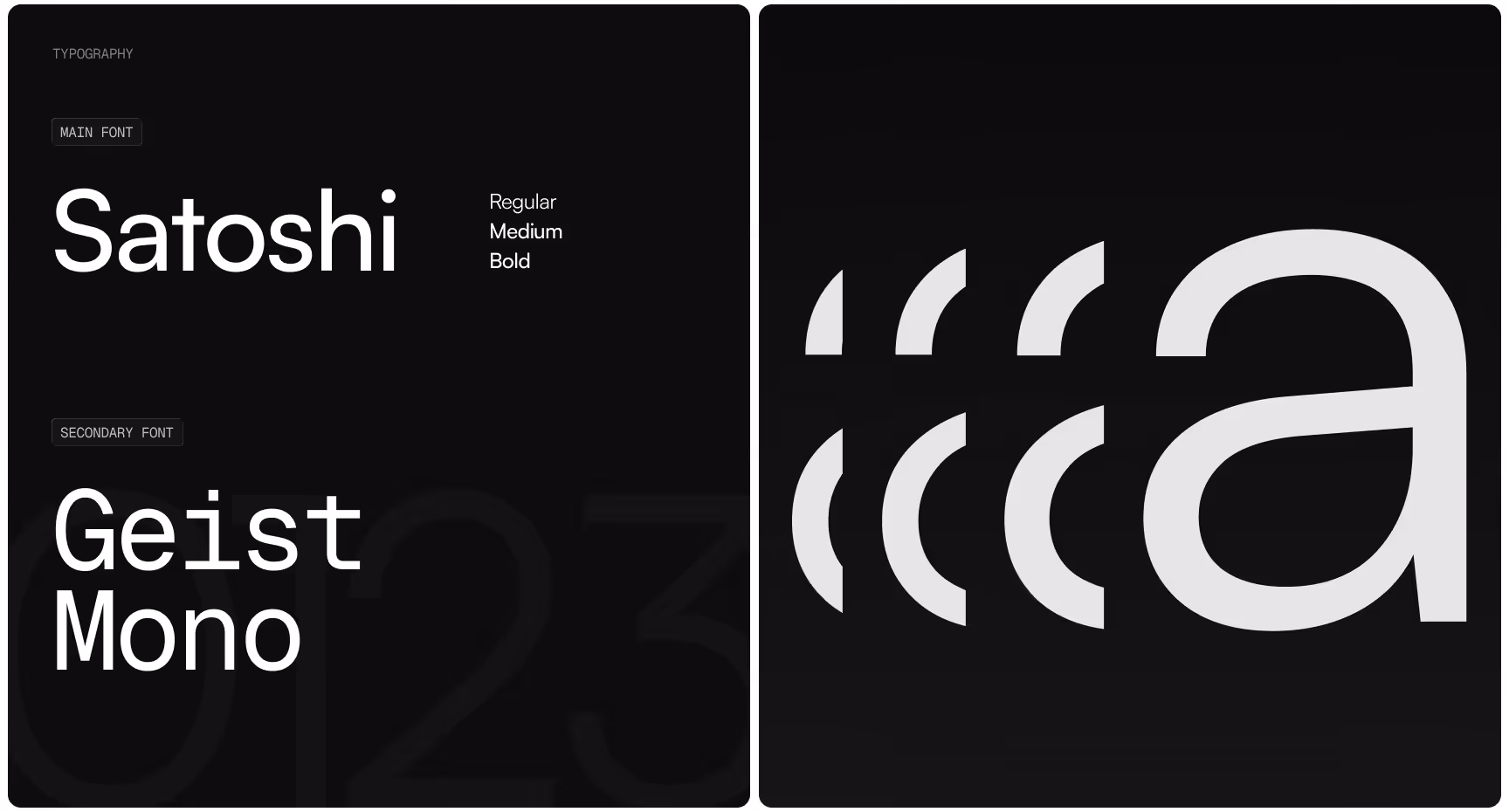 Black graphic displaying fonts. Left: "Satoshi" in regular, medium, bold; below, "Geist Mono." Right: abstract design with white curved lines on black.