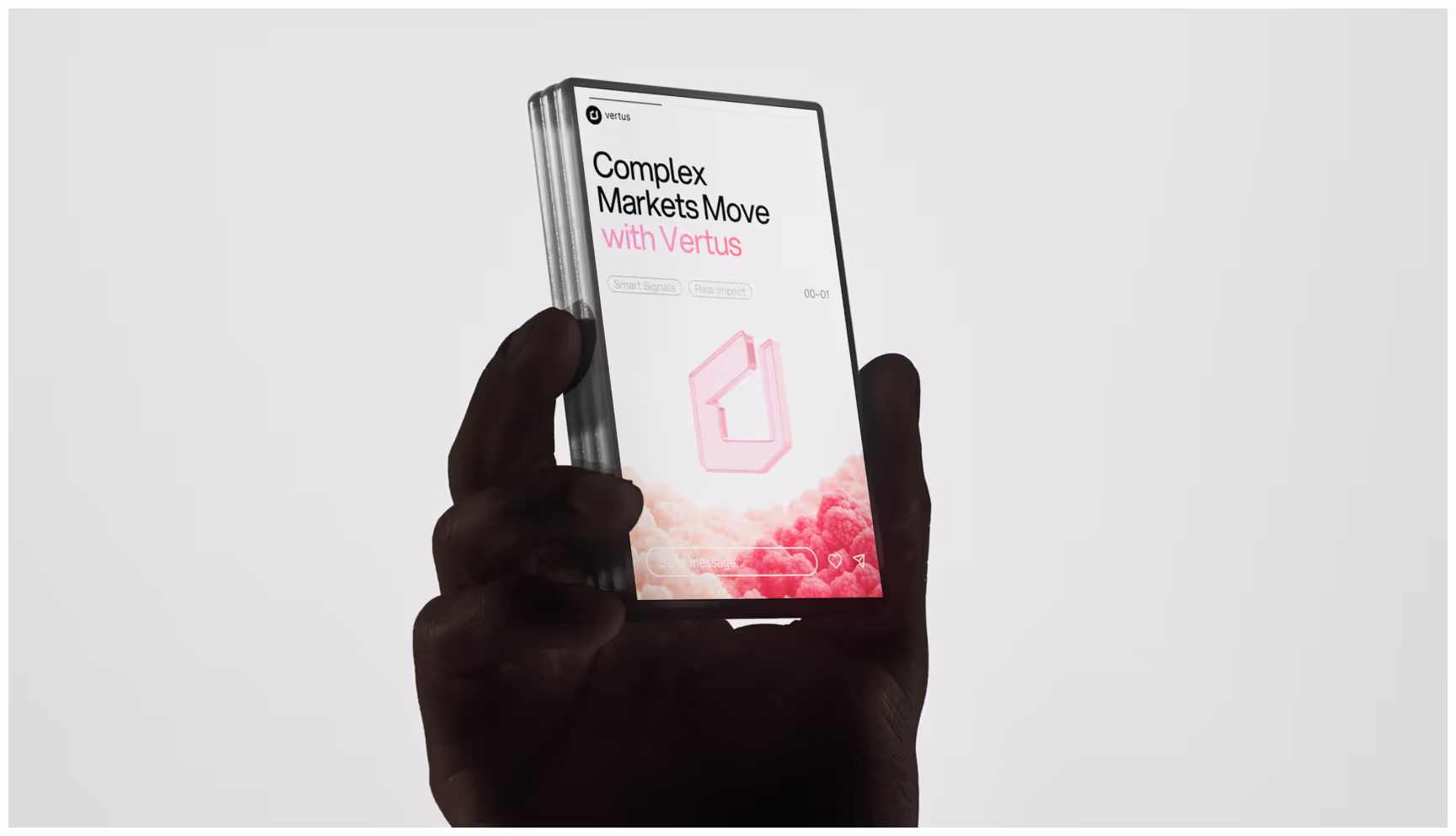 A hand holds a sleek, translucent device displaying text, "Complex Markets Move with Vertus," alongside pink clouds and abstract shapes. Modern and innovative tone.