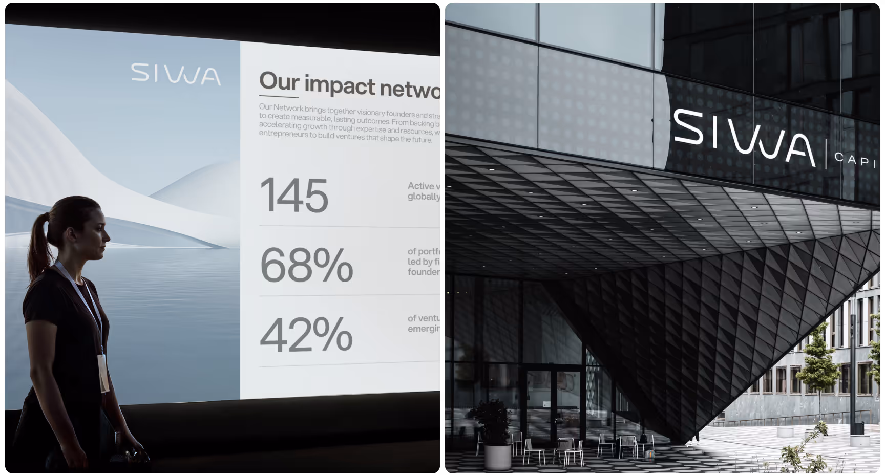 A woman stands silhouetted against a screen displaying impact network statistics at an event. Adjacent is a modern building with "SIWA" signage.