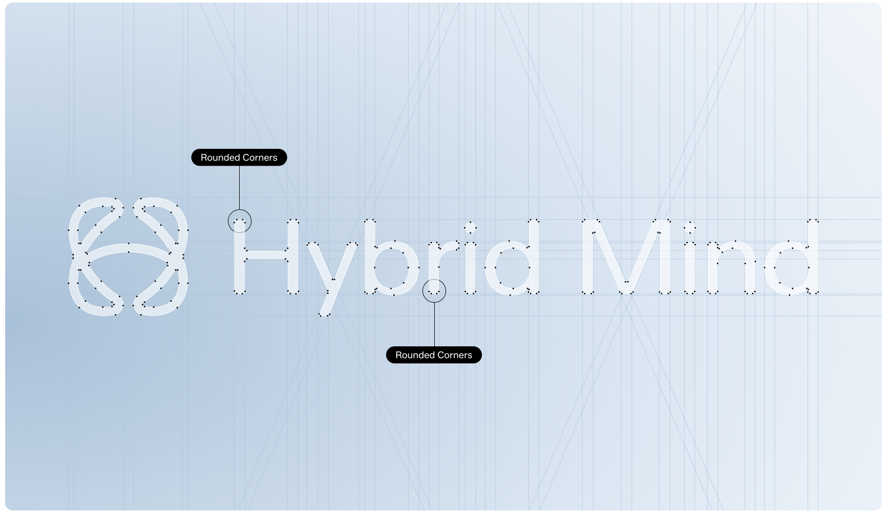 The image features the text "Hybrid Mind" in a geometric font with rounded corners. A stylized logo to the left matches this theme, all on a light blue grid.