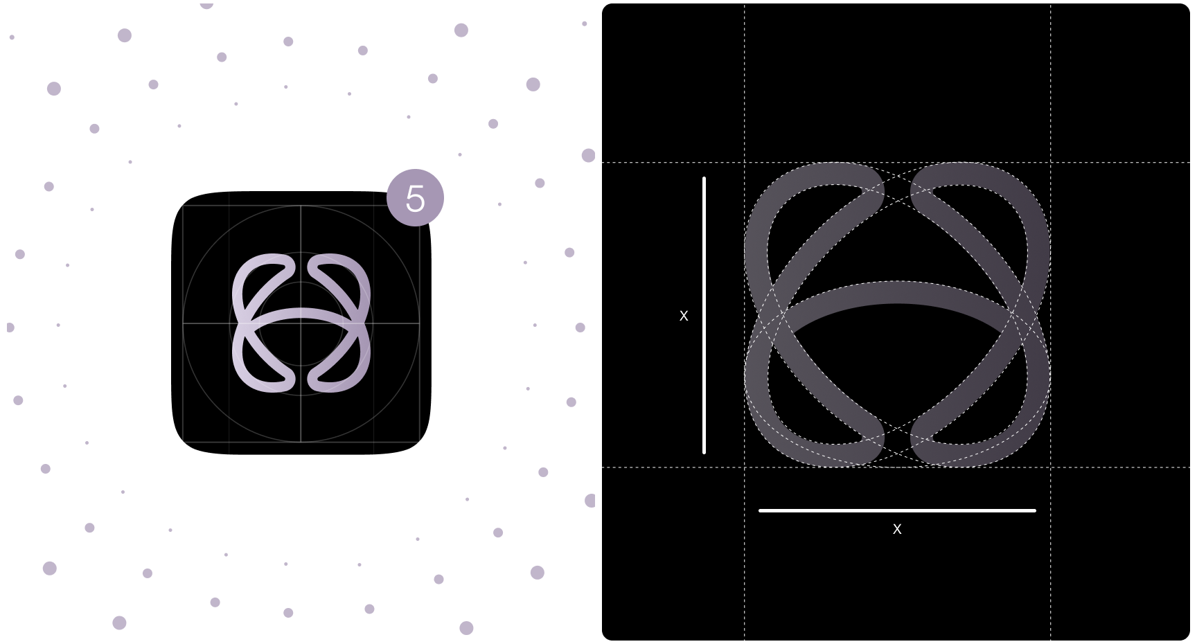 The image shows a symmetrical, abstract lavender shape on a black square, resembling a logo. It's set on a white background with purple dots, and a grid layout.