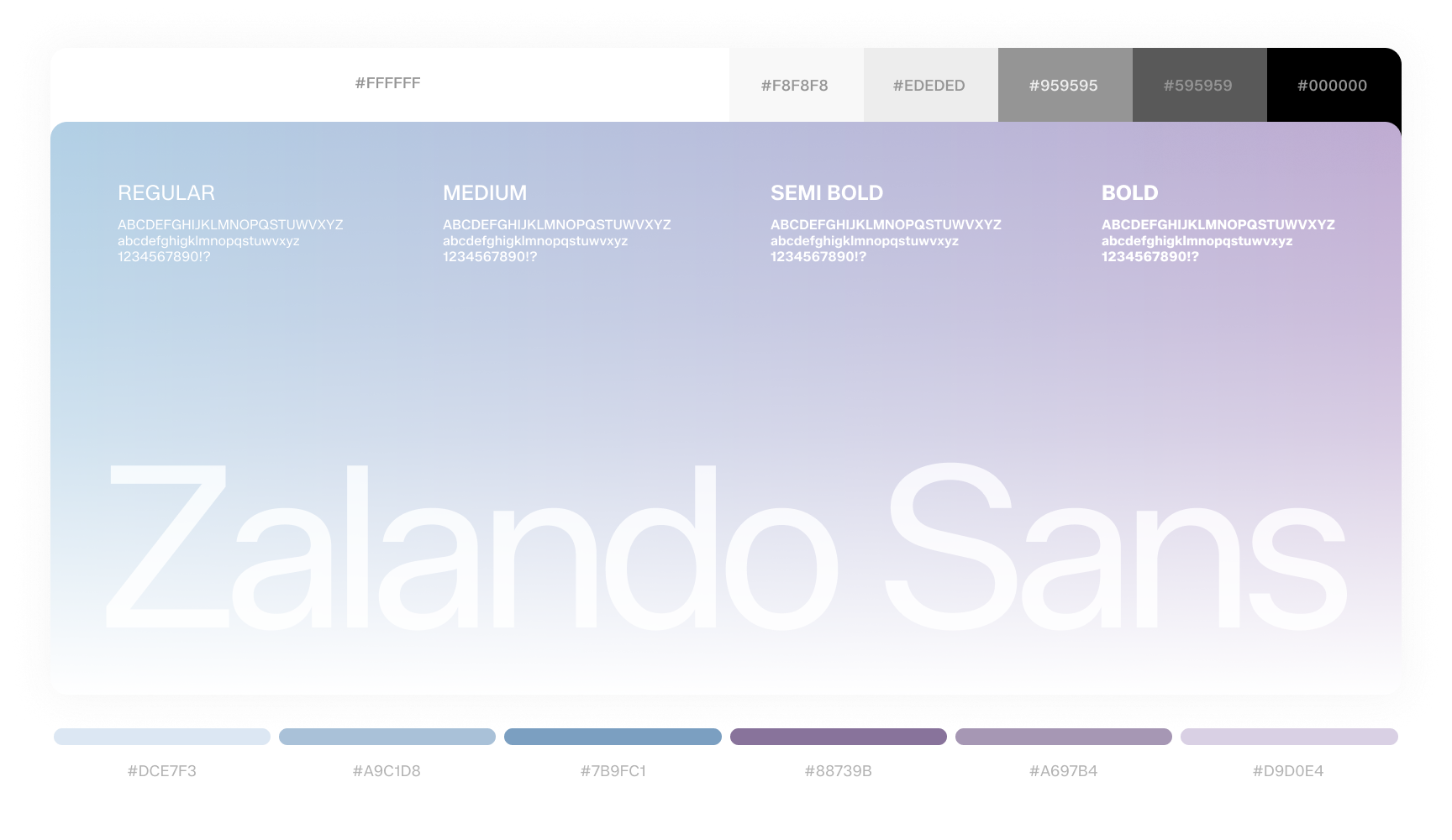 A gradient background showcases the "Zalando Sans" typeface in regular, medium, semi-bold, and bold weights. Font samples accompany hex color codes.