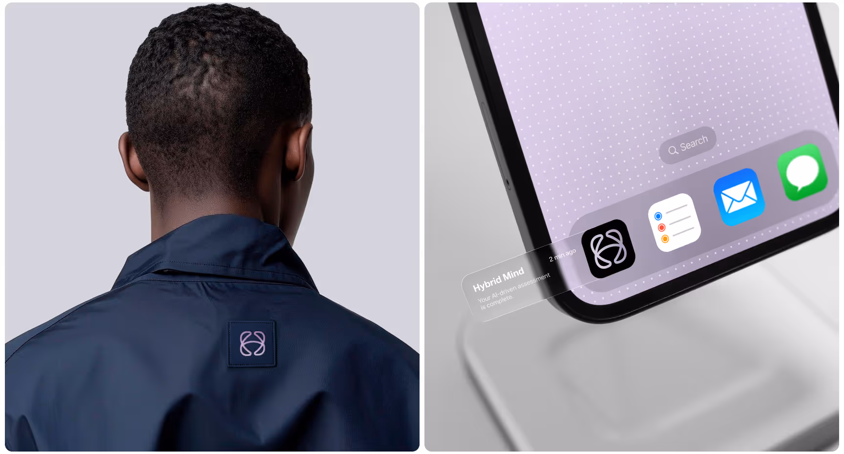 Split image: Left, a person wearing a dark jacket with a circular logo on the back. Right, a smartphone screen with a dock showing apps; focus on a logo matching the one on the jacket.
