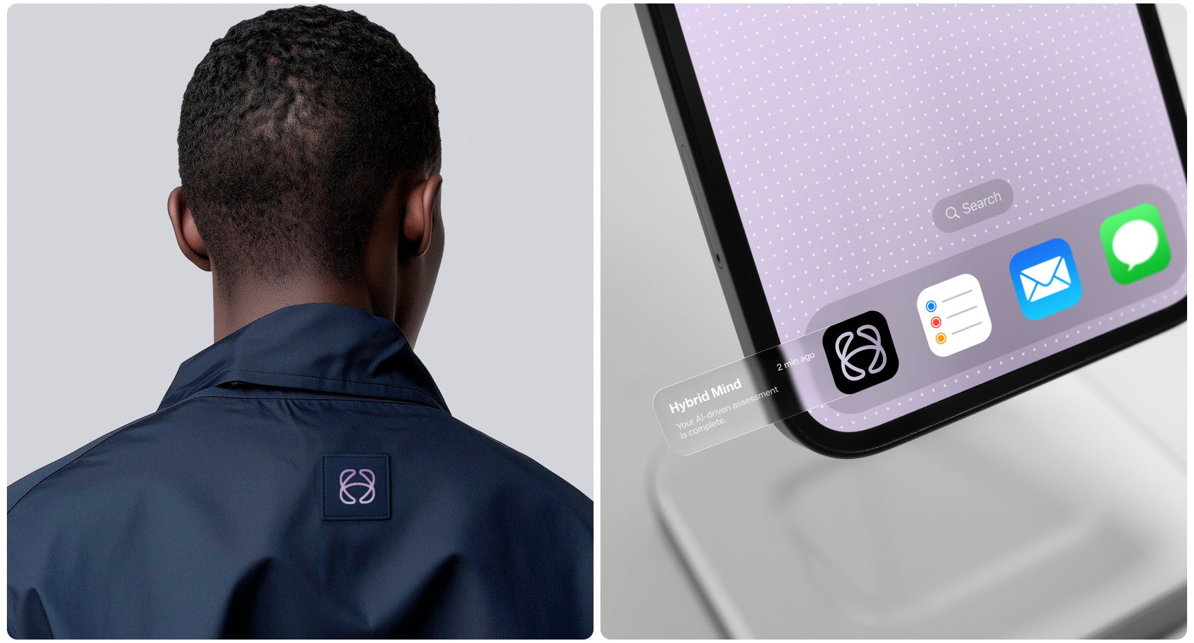 Split image: Left, a person wearing a dark jacket with a circular logo on the back. Right, a smartphone screen with a dock showing apps; focus on a logo matching the one on the jacket.