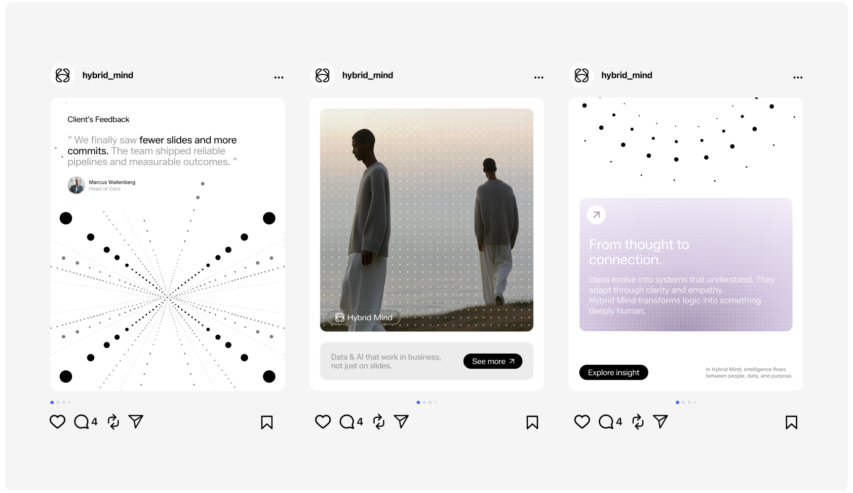 Instagram carousel from "hybrid_mind." Left: Text review with a dotted matrix design. Center: Silhouette of a person in serene light. Right: Text on AI, dotted pattern.