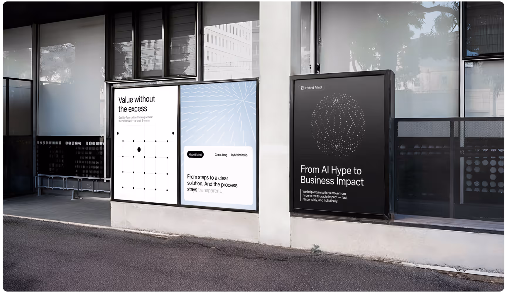 Three outdoor advertisements on a wall feature minimalistic black-and-white designs with geometric patterns and texts about business value and AI impact.