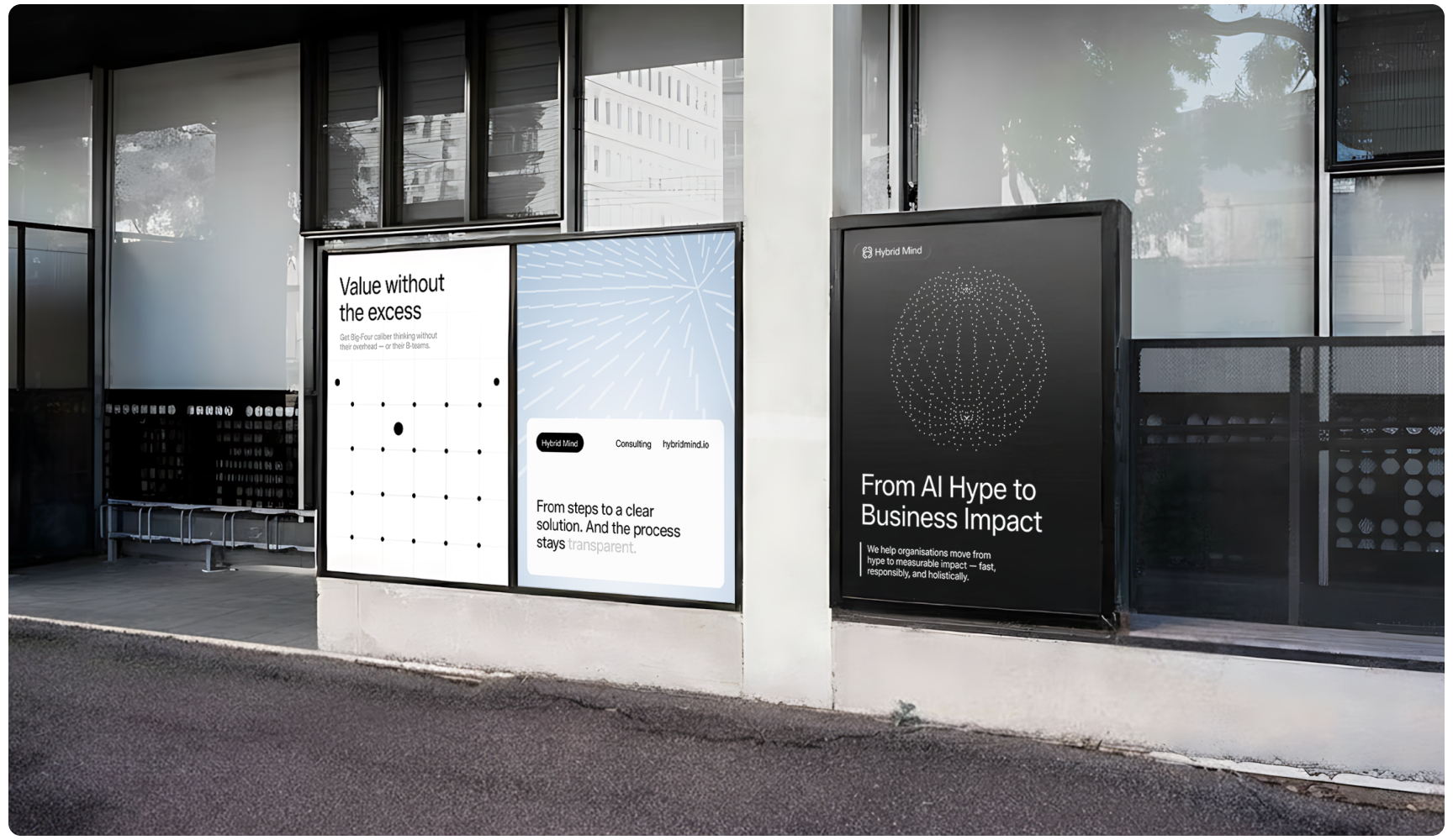 Three outdoor advertisements on a wall feature minimalistic black-and-white designs with geometric patterns and texts about business value and AI impact.