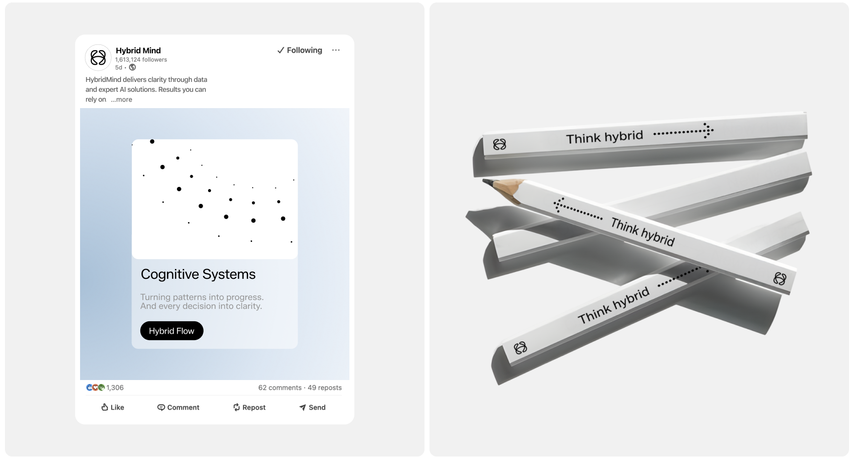 Left: Social media post by Hybrid Mind with a graphic of scattered black dots labeled "Cognitive Systems." Right: Three white pencils with "Think hybrid" text, crossed over each other.