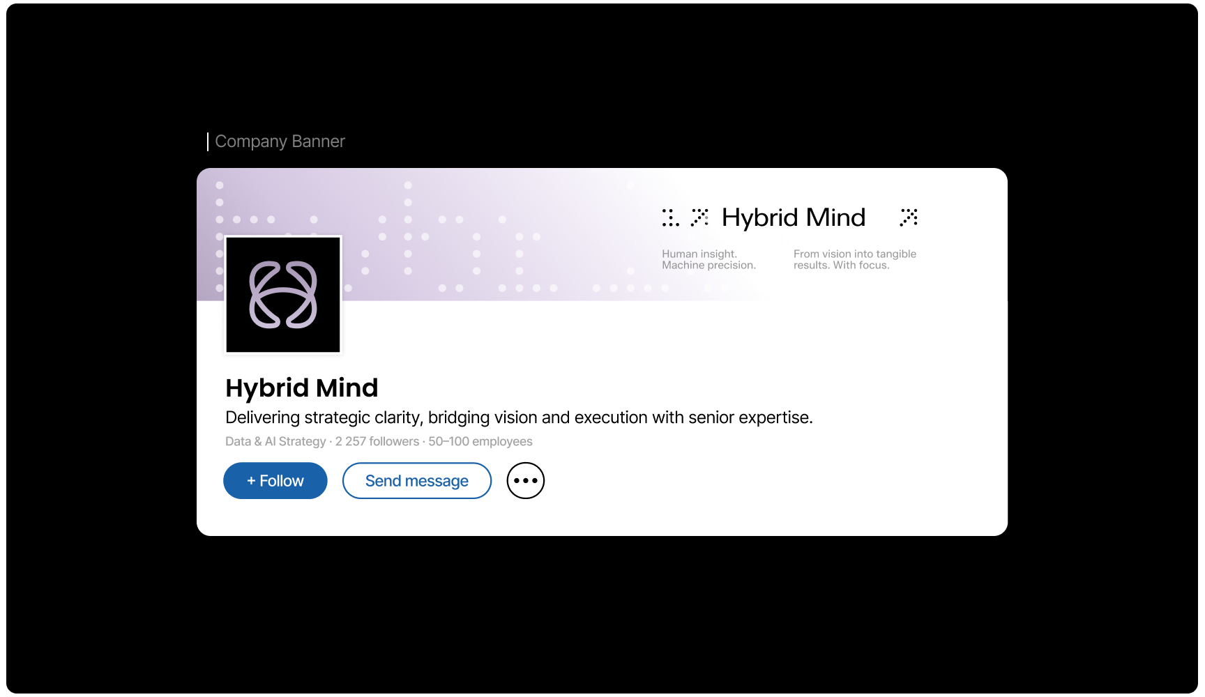 Hybrid Mind company profile with a logo featuring an abstract design. Description emphasizes strategic clarity and AI strategy. Includes follow and message options.