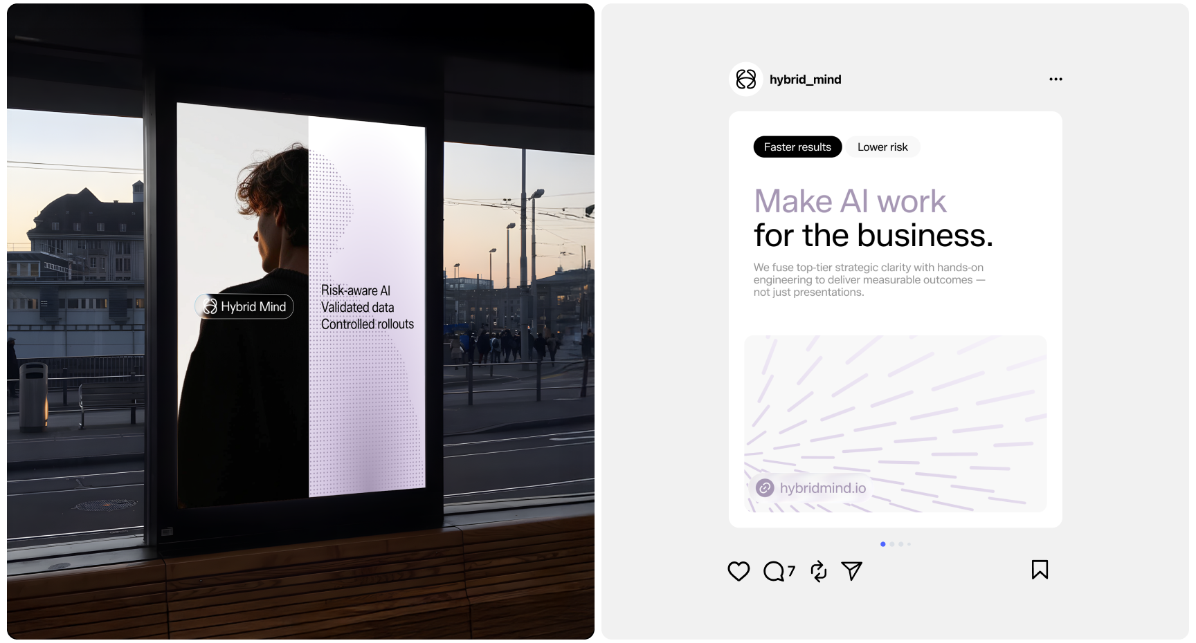 The image shows a split design. Left: A digital ad in an urban setting with a silhouette of a person, promoting "Hybrid Mind" and AI concepts. Right: A social media post with text "Make AI work for the business," emphasizing strategic clarity and measurabl