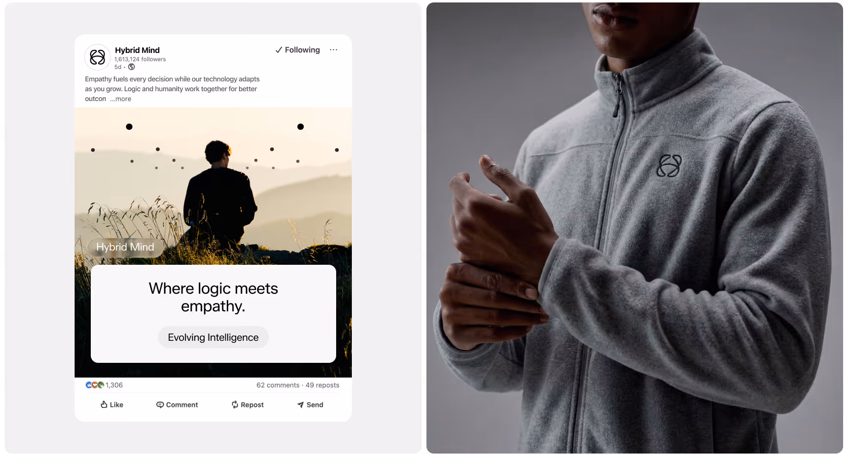 A person stands facing nature with text overlay: "Where logic meets empathy." Beside, another person wears a gray zip-up jacket, adjusting their sleeve.