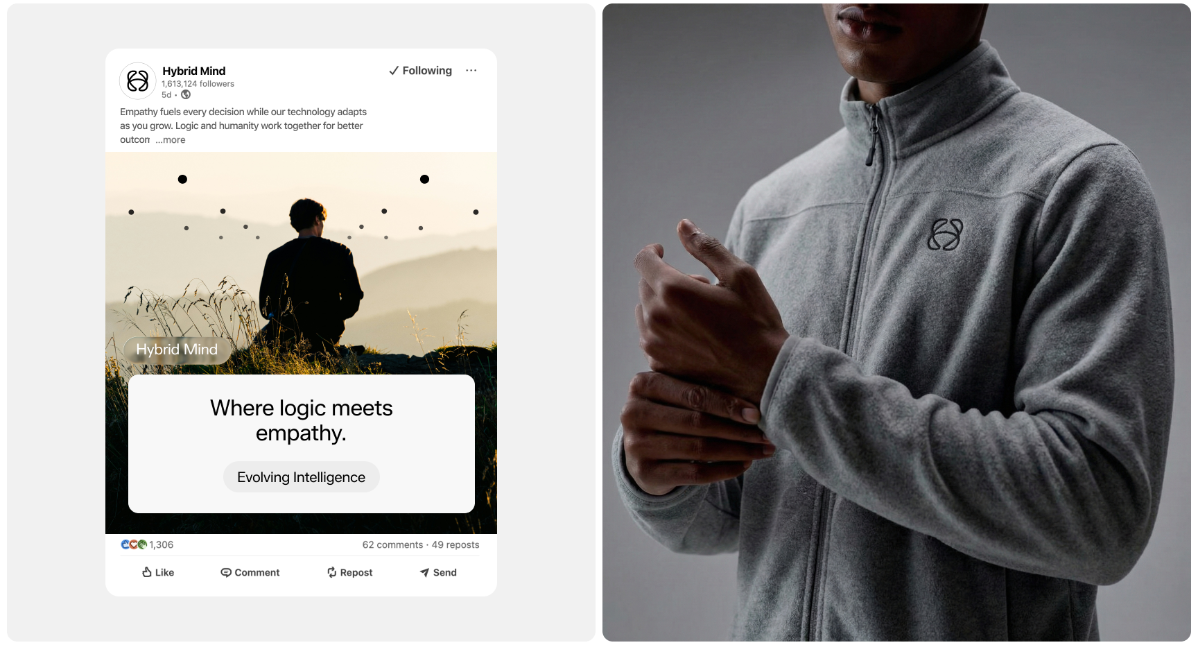 A person stands facing nature with text overlay: "Where logic meets empathy." Beside, another person wears a gray zip-up jacket, adjusting their sleeve.