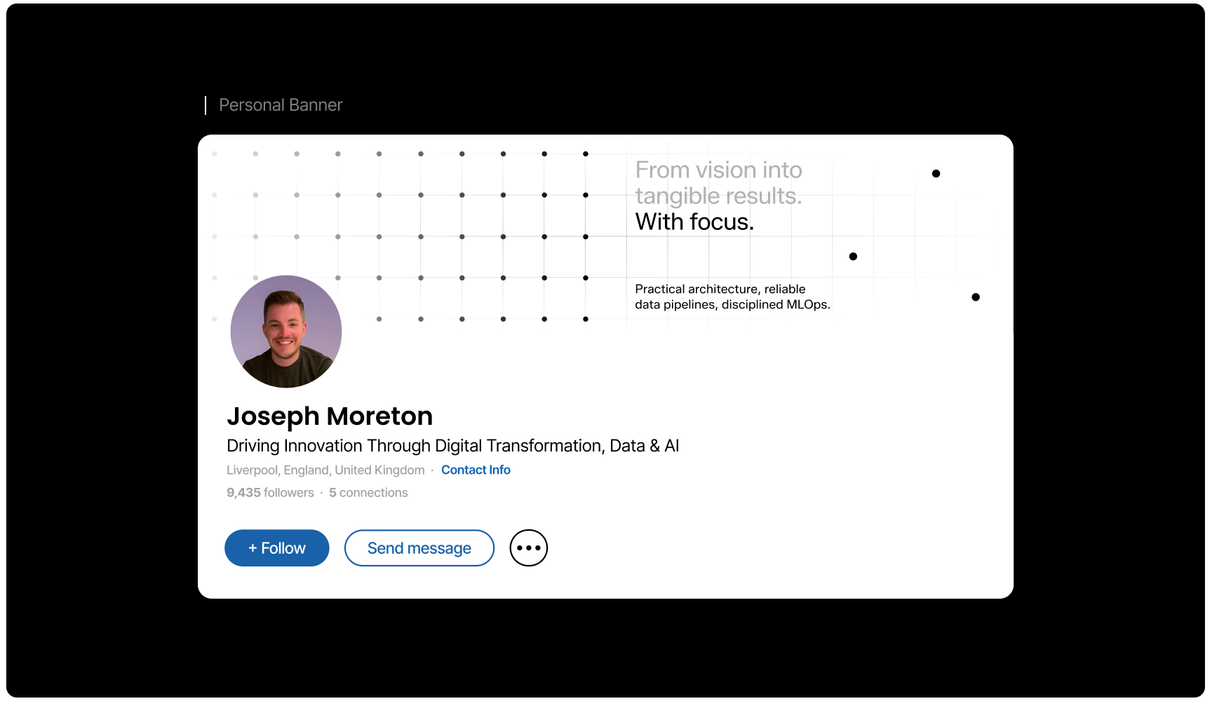 A professional LinkedIn profile banner with a grid pattern and text stating, "From vision into tangible results. With focus." Features a profile picture, name, and contact info with options to follow or message. Tone is innovative and professional.