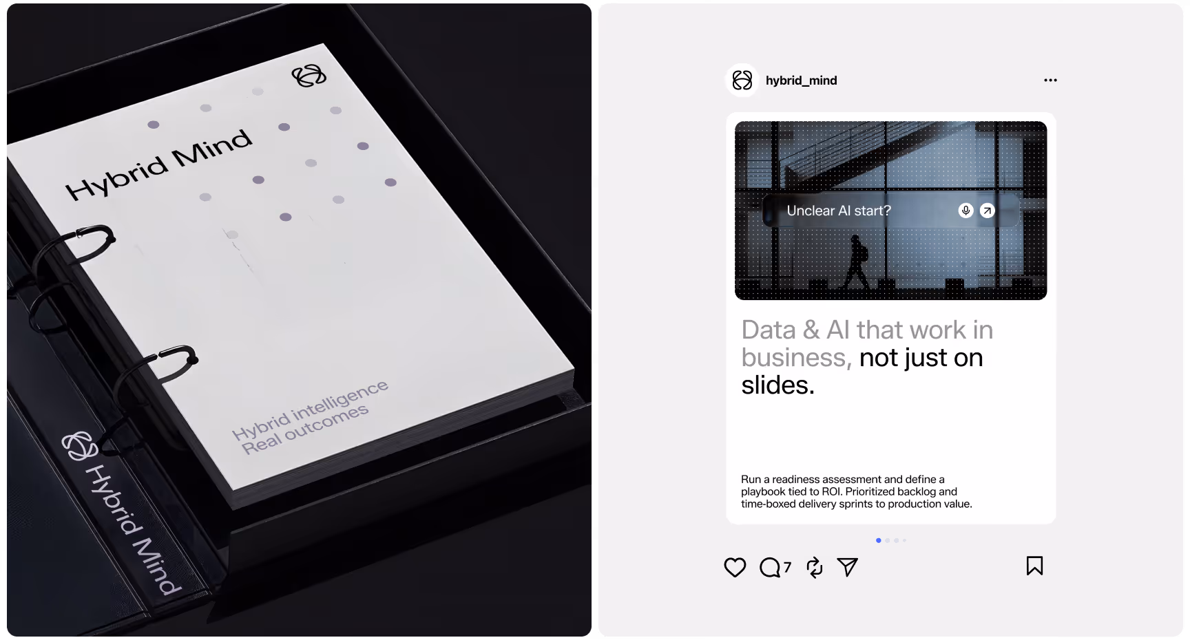 Left image: A book titled "Hybrid Mind" with a sleek cover featuring abstract dots, resting in a black box. Right image: A social media post about effective AI in business with a silhouette of a person in an office setting.